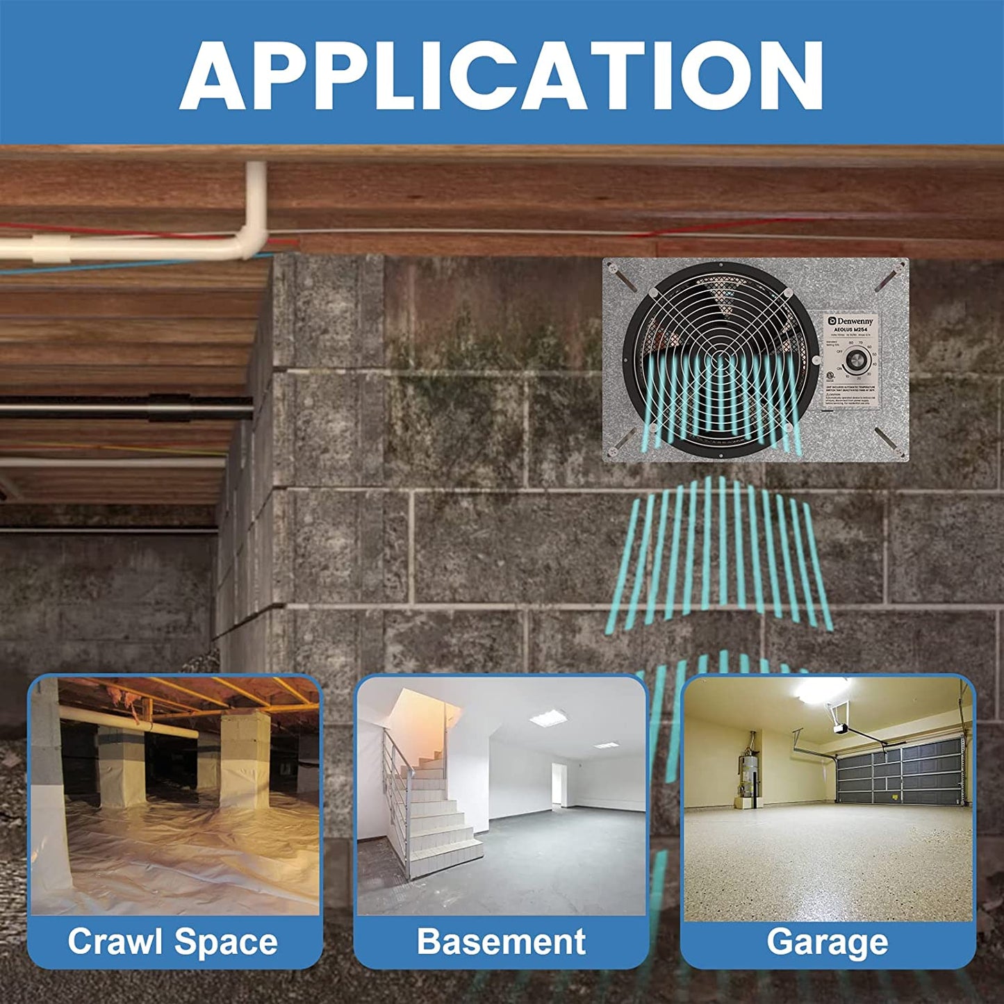 Denwenny 720CFM IP55 Rated High Flow Powered Crawl Space Ventilation Fans, 10" Vent Fan with humidistat,Dehumidistat
