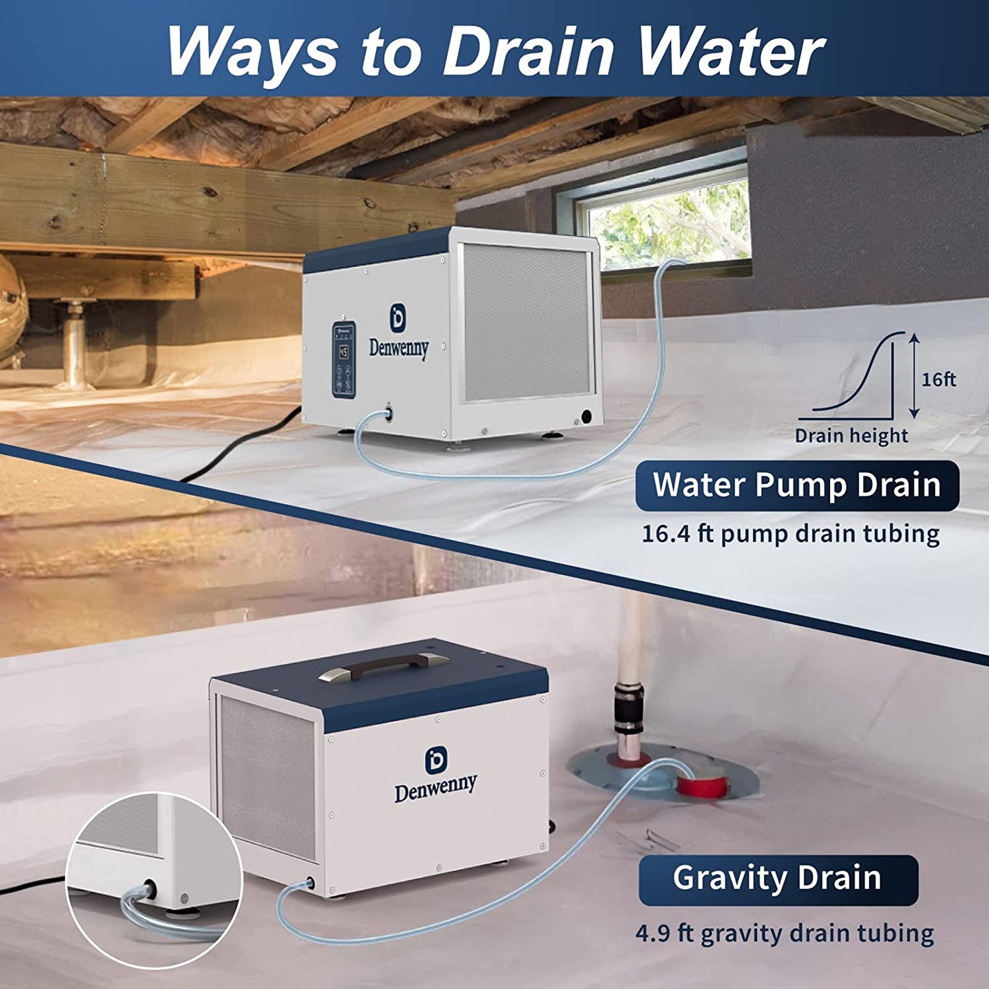 Denwenny 70 PPD Crawl Space Basement dehumidifier with Pump and Hose