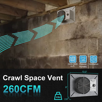 Denwenny 260CFM Crawl Space Ventilator Fan, 6.7 Inch Vent Fan with humidistat Dehumidistat