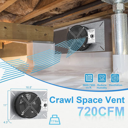 Denwenny 720CFM IP55 Rated High Flow Powered Crawl Space Ventilation Fans, 10" Vent Fan with humidistat,Dehumidistat