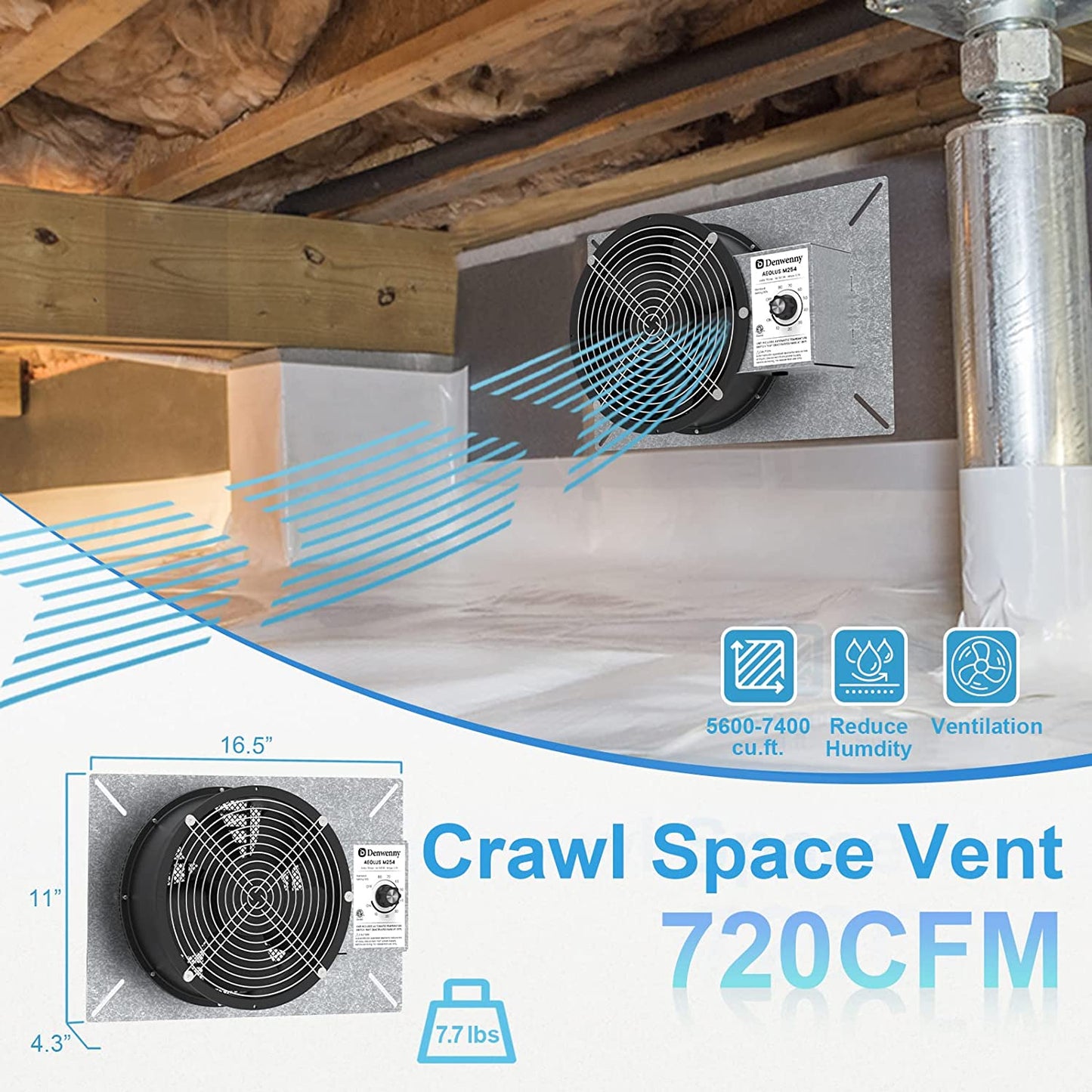 Denwenny 720CFM IP55 Rated High Flow Powered Crawl Space Ventilation Fans, 10" Vent Fan with humidistat,Dehumidistat (2 Pack)