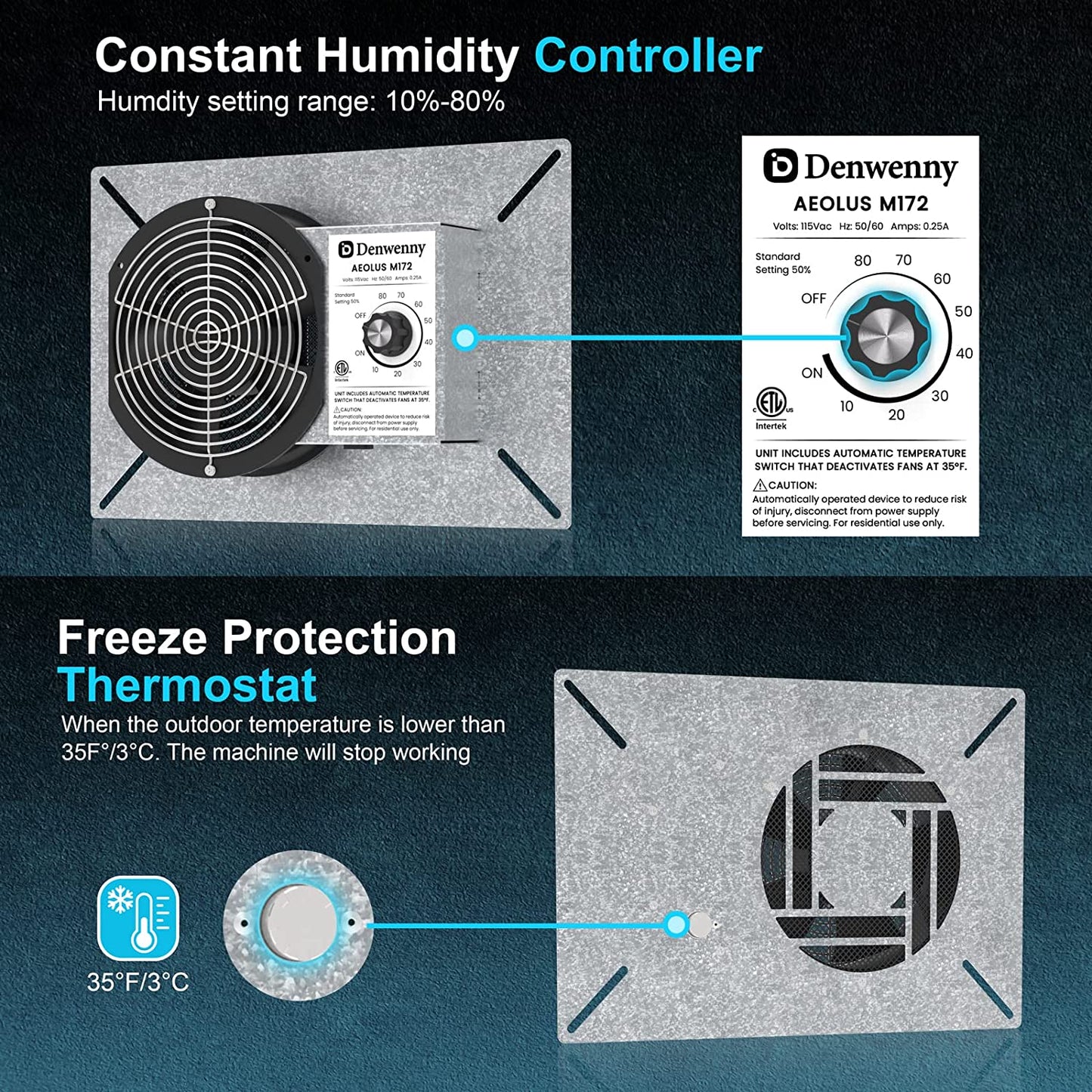 Denwenny 260CFM Crawl Space Ventilator Fan, 6.7 Inch Vent Fan with humidistat Dehumidistat (2Pack)