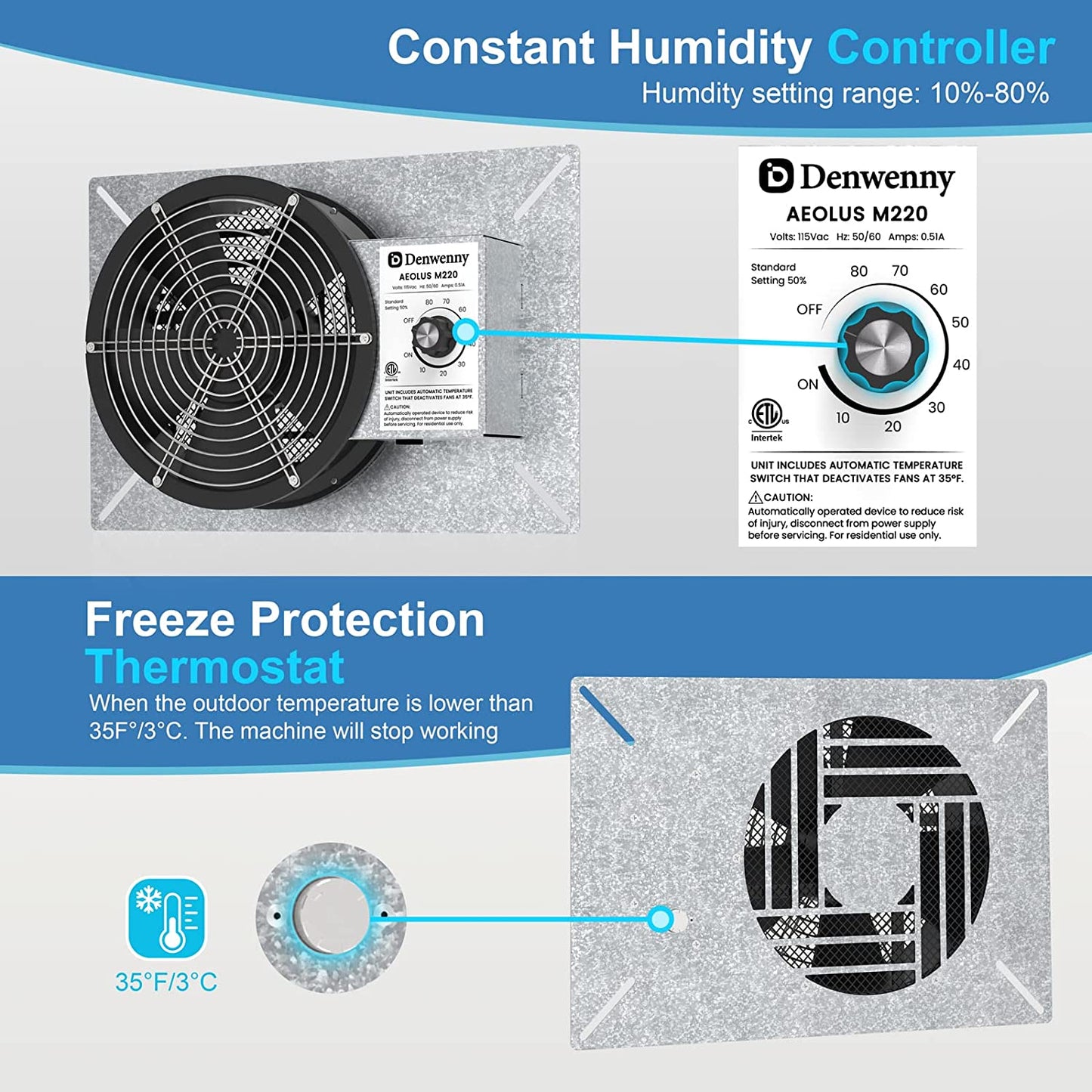 Denwenny IP55 Grade 540CFM Crawl Space Ventilation Fans with Dehumidistat